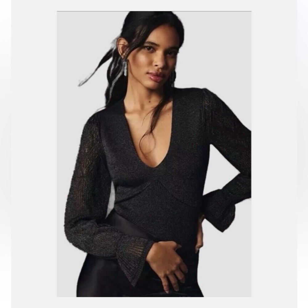 NWT Anthropologie Woven-Sleeve Twofer Fitted Black V-Neck Sweater Small
